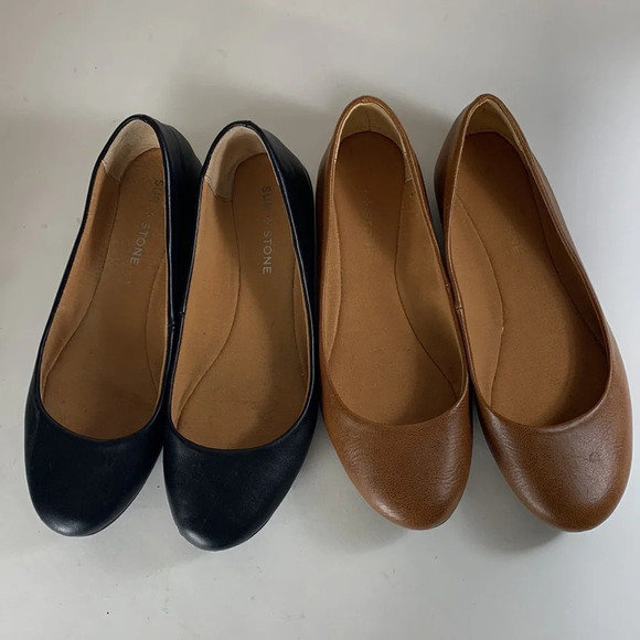 Sun & stone eliana black and cognac faux leather ballet flats lot basic neutral - Picture 2 of 12